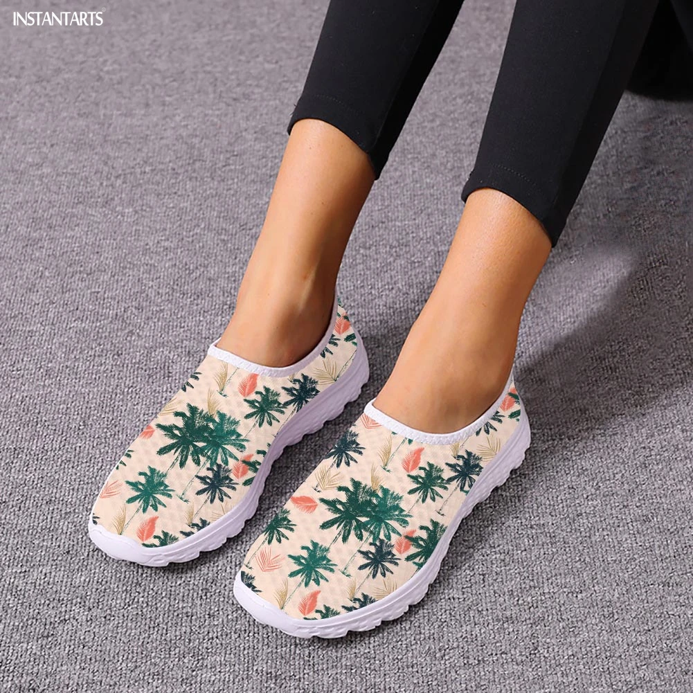 INSTANTARTS Summer Palm Tree Beach Printed Mesh Sneakers for Women Lightweight Slip-on Flats Casual Walking Shoes Outdoor 2023