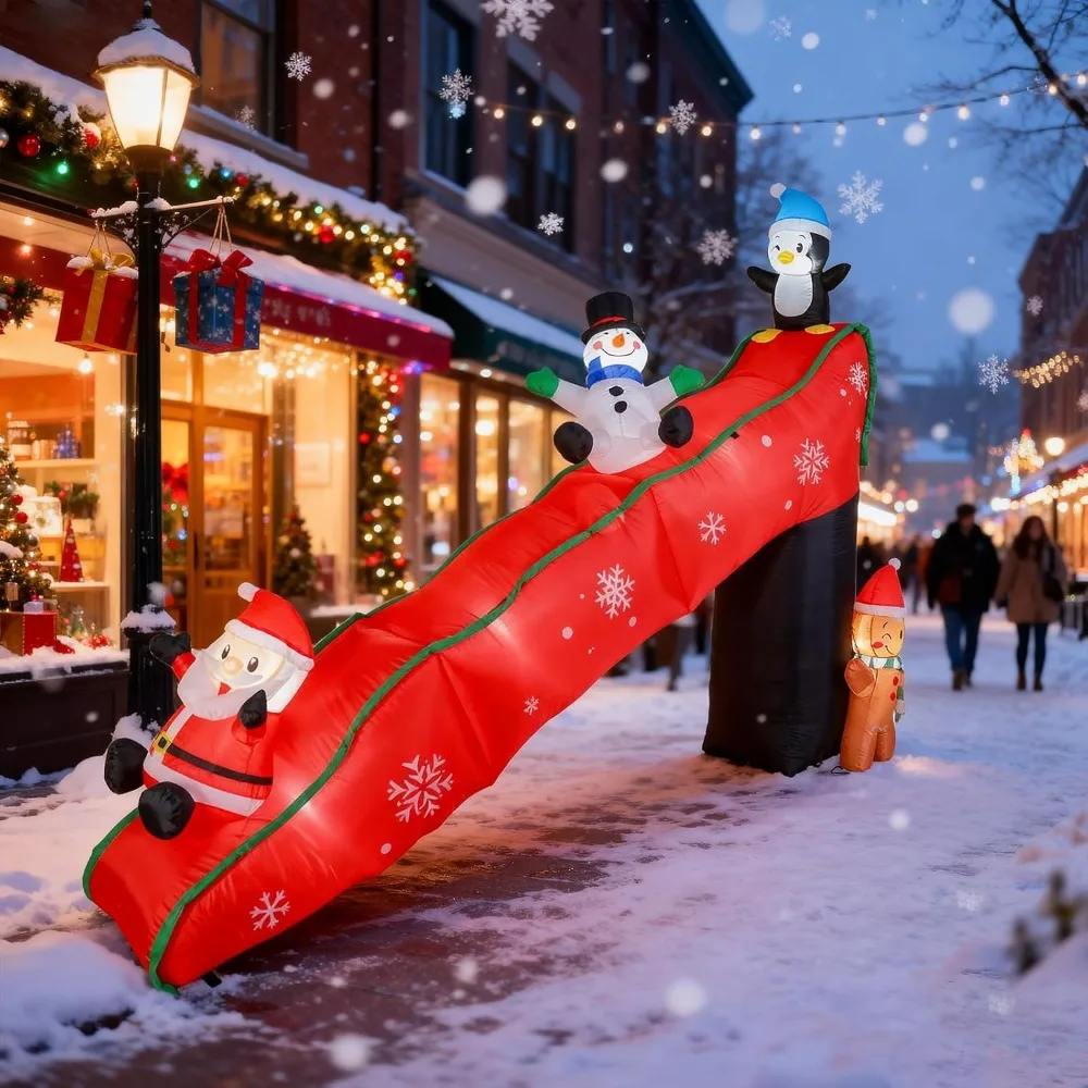 

Christmas Inflatables Outdoor Decorations, 9.7FT Snowy Slide with Santa, Snowman, Penguin, Gingerbread Man, Animated Chr
