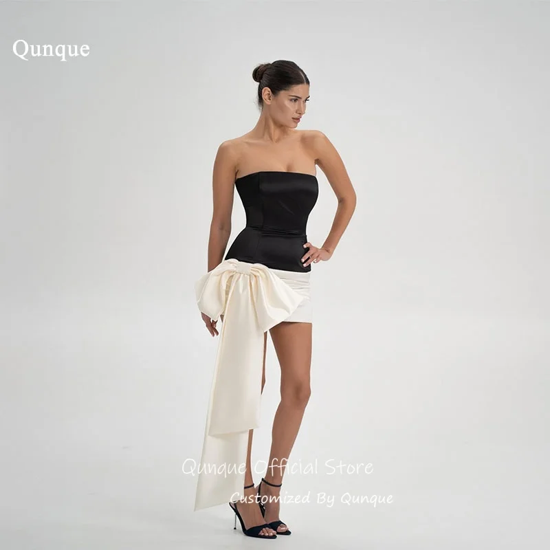 Qunque Kurze asymmetrische Mini-Abschlussballkleider, übergroße Schleife, Homecoming-Kleider, figurbetontes, trägerloses Cocktail-Partykleid, individuell gestaltet