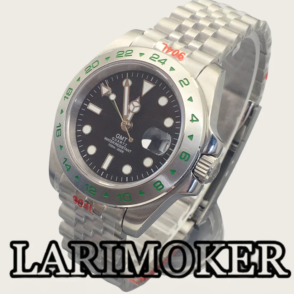 LARIMOKER 40mm Rhonda 515-24H GMT Men\'s Watch 24Hours SilverFixed Bezel With Green Number Sapphire Crystal Green Luminous Date