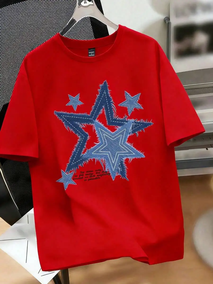 Red Denim Fringe Star Graphic Tee Casual Cotton T-Shirt Unisex