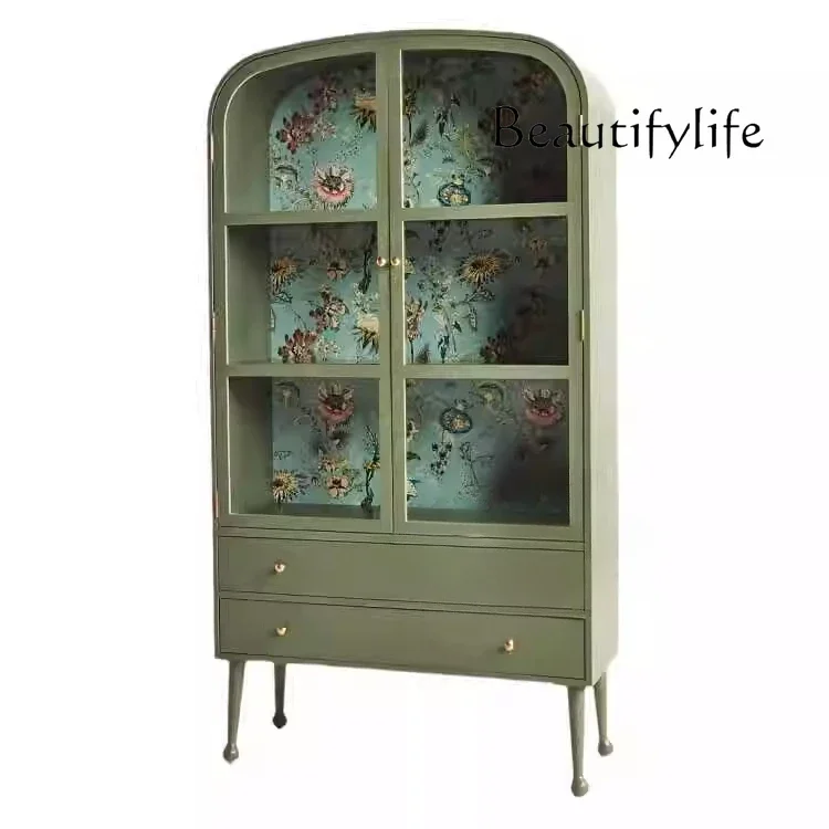 

HFrench solid wood glass side cabinet double door against the wall high locker wine cabinet entrance foyer decorative cabinet