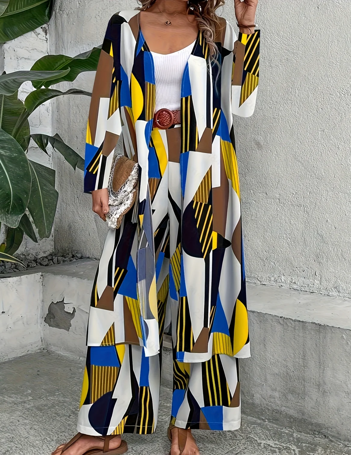 

Комплект из двух предметов Кардиган Широкие брюки Геометрический принт Цветной блок Свободный крой Повседневный стиль