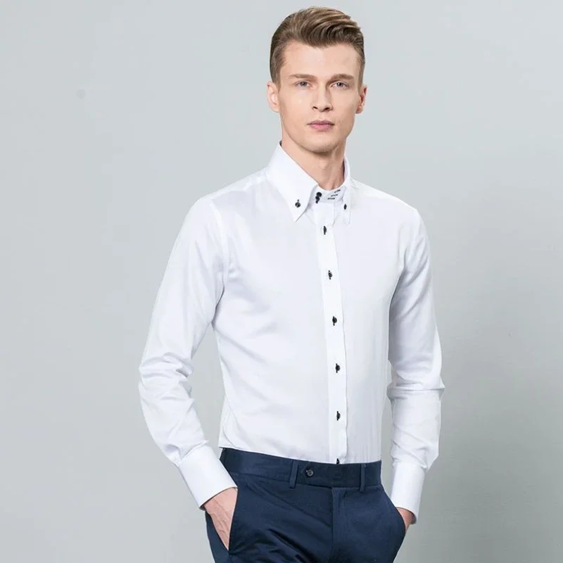 Chemise à col roulé à manches longues pour hommes, chemise habillée d'affaires formelle, col boutonné blanc, coupe couvertes décontractée, mode