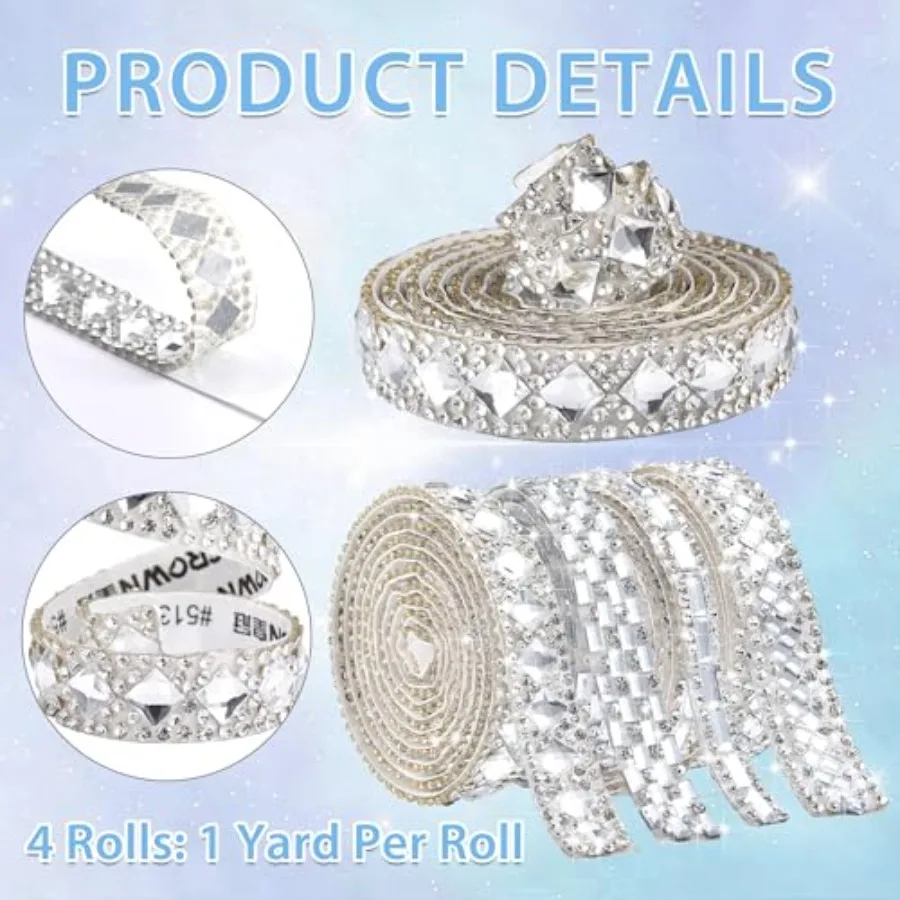 4 Rolls Bling Rhinestone Ribbon Crystal Strips 4 Styles Self Adhesive Glass Crystal Sticker Rhinestone Tape for DIY Car Decorat