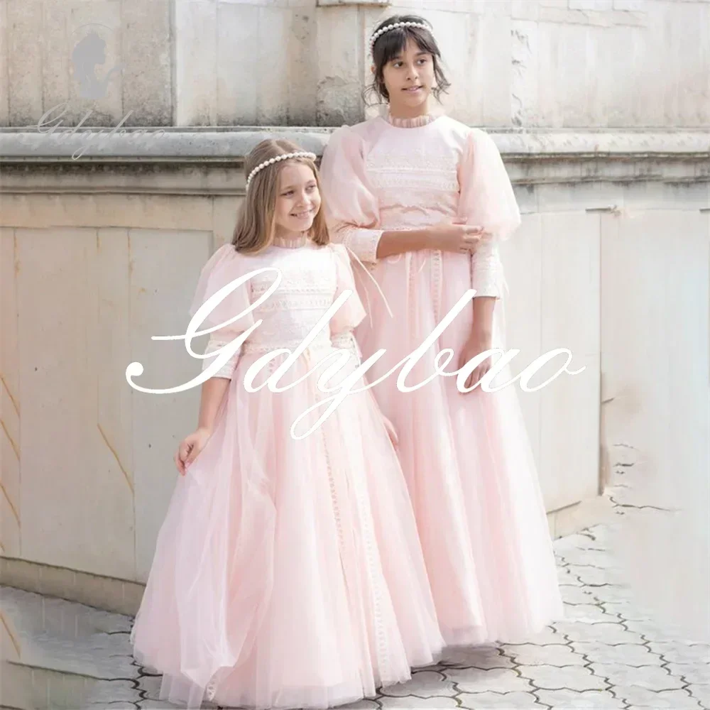 Classic A Line Elegant Formal Wedding Party Flower Girl Dress Puff Sleeve Floor Length Princess First Communion Gown New 2024