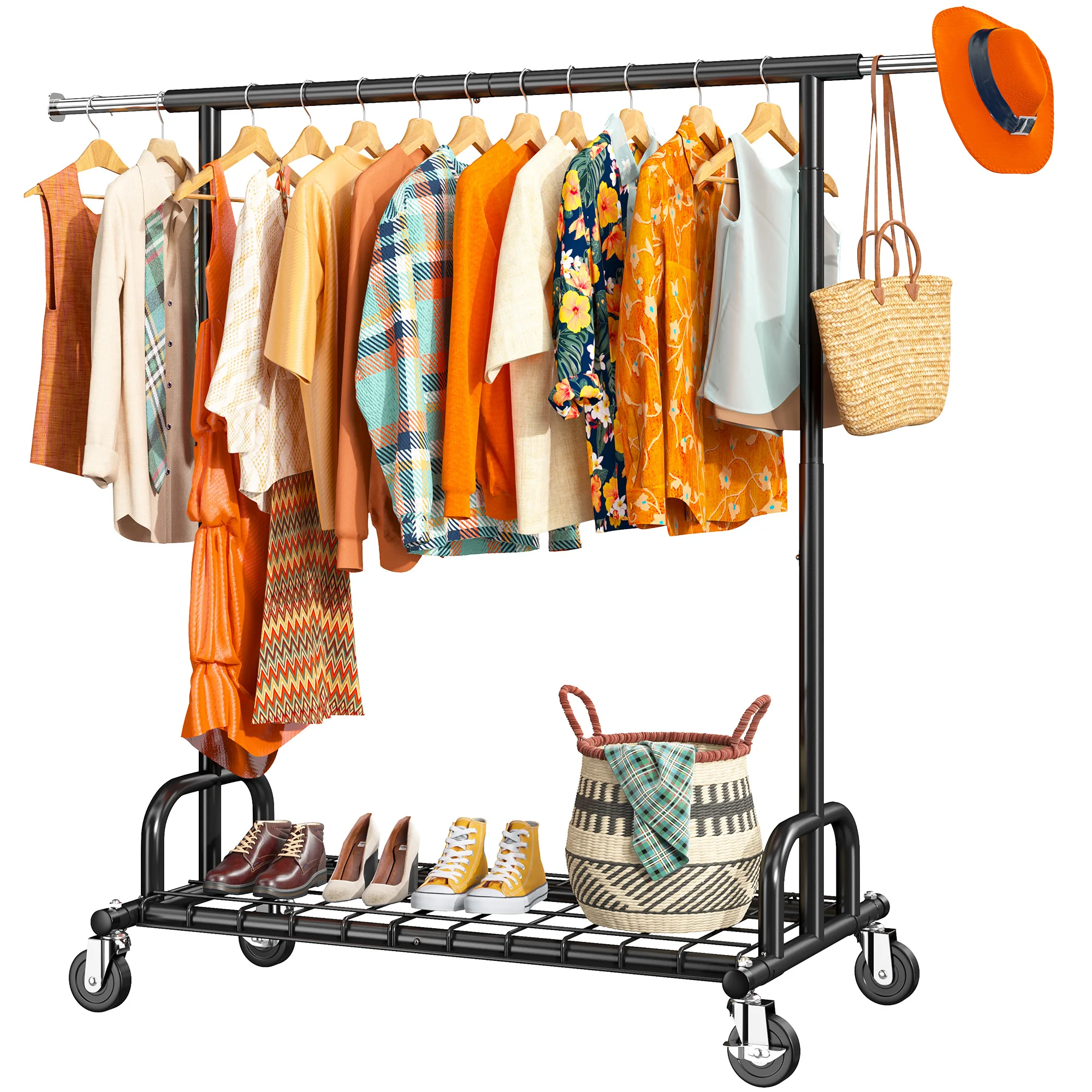 EnHomee Industrial Grade Collapsible Clothing Rack – Chrome Shelf & Extendable Rod, 4 Locking Casters – Height Adjustable, Quick Assembly – Closet Storage