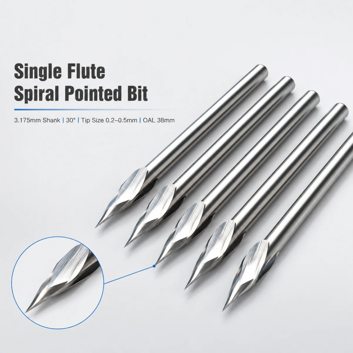 

0.2-0.5mm Tip 3.175x30 Angle V Carving 1 Flute Spiral Carbide Engraving Bits CNC Router Tool Cutter for Metal Grooving Milling