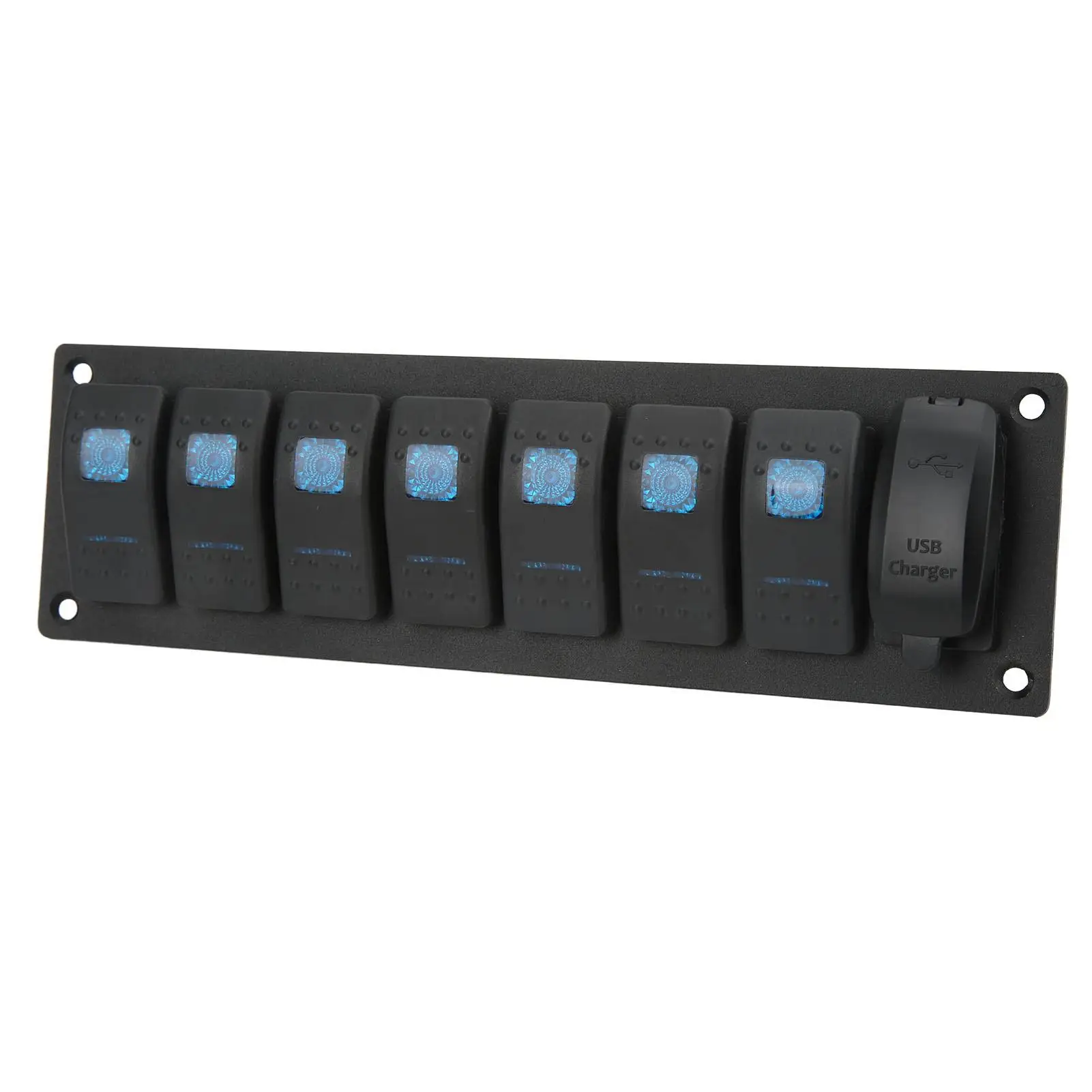 7 Gang Waterproof Rocker Switch Panel IP66 for Marine | 12-24V Toggle with Dual USB & Blue Backlight