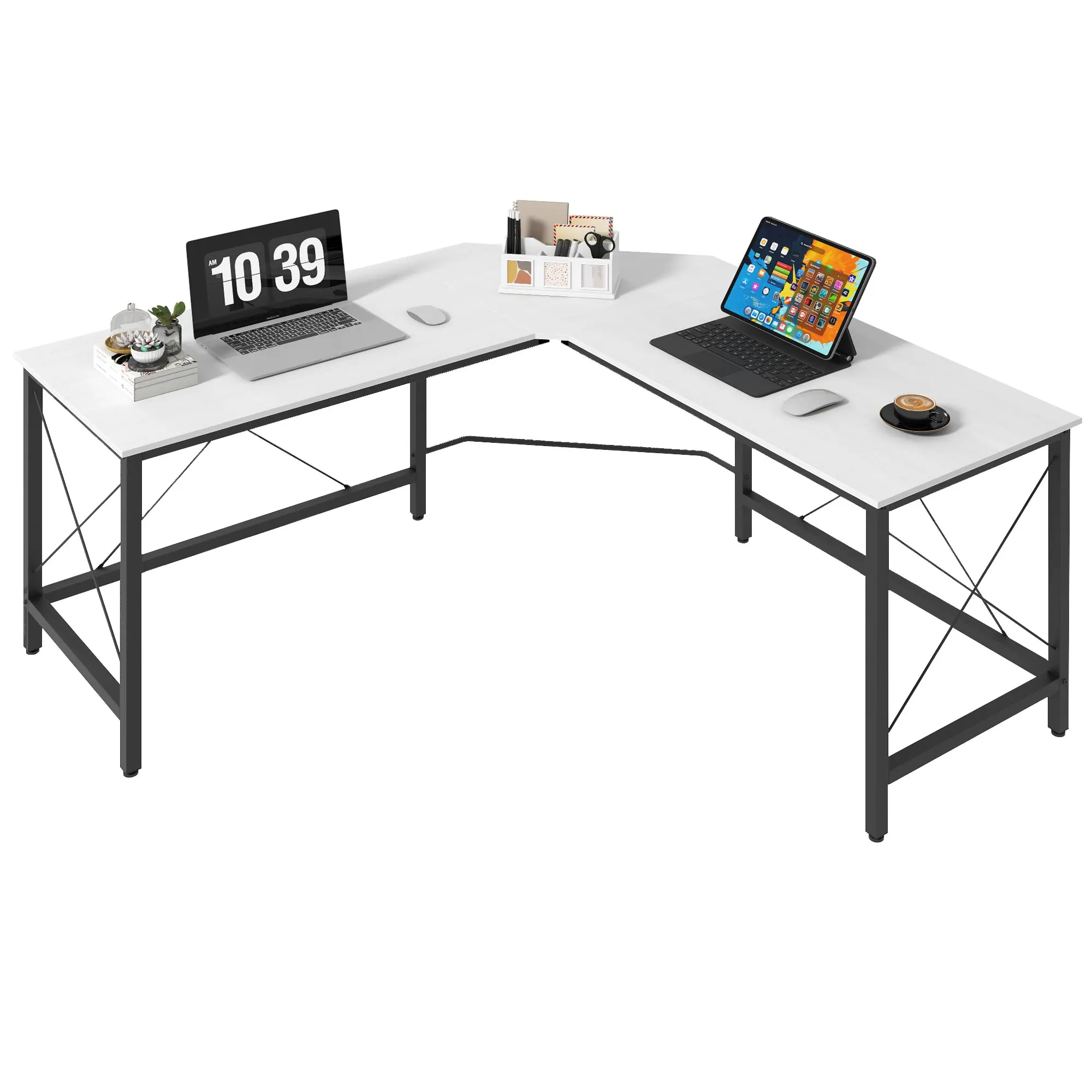 HOMCOM Escritorio en Forma de L con Marco de Acero 150x150x76 cm Blanco
