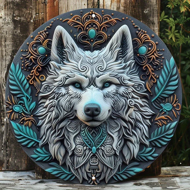 Wall Decor of Wolf Mandala for Home Decoration, Round Metal Sign, HD Printed, Majestic Wolf Design, Outdoor and Indoor Art