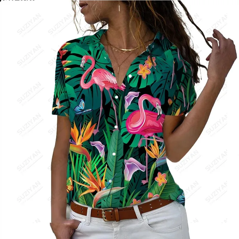 T-shirt flamant rose hawaïen pour femme, impression numérique 3D, chemise décontractée à revers pour femme, haut à manches courtes, été, nouveau style, 2024