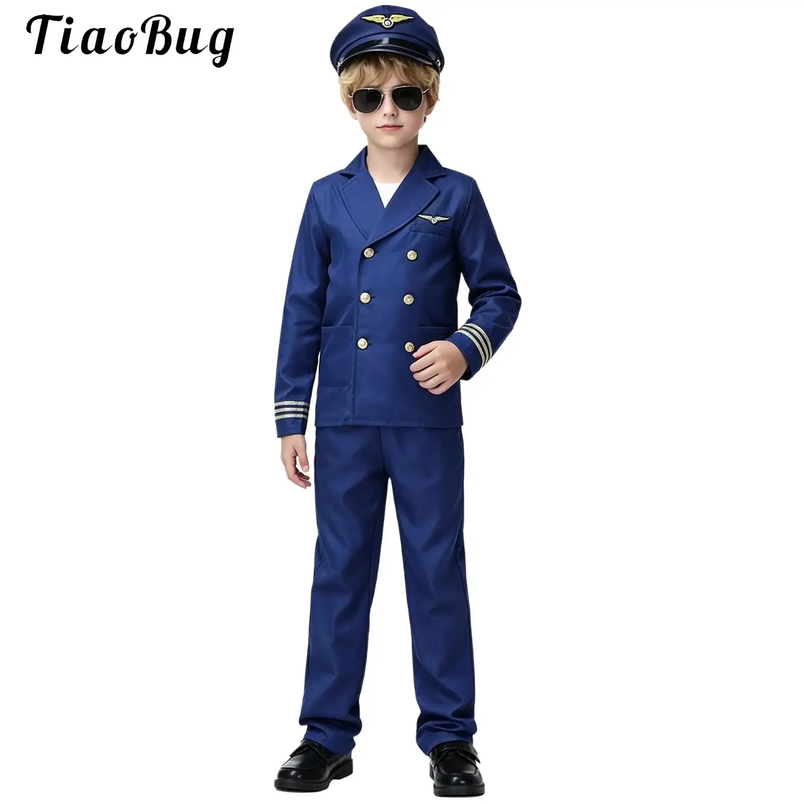 Kids Boys Pilot Uniform Child Captain Flight Attendant Costume Set Long Sleeve Jacket And Pants Hat for Halloween Carnival Party