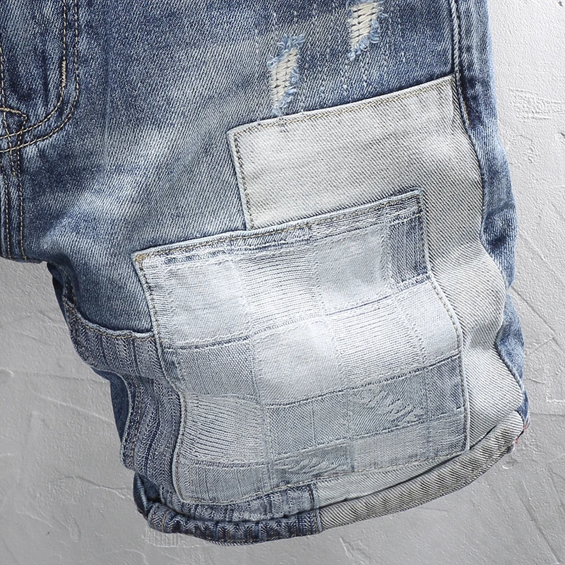 Summer Fashion Vintage Men Jeans Retro Washed Blue Stretch Slim Fit Ripped Short Jeans Patched Designer Hip Hop Denim Shorts Men