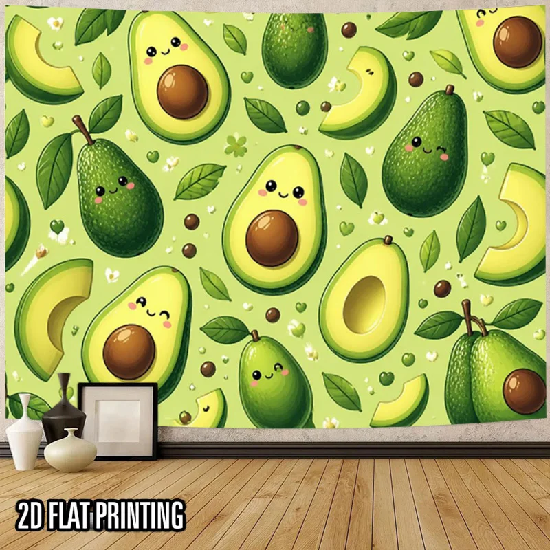 Cute Avocado Tapestry, Cartoon Fruit Wall Hanging, Green Kitchen Decor, Kawaii Dorm Room Background, Healthy Food Art