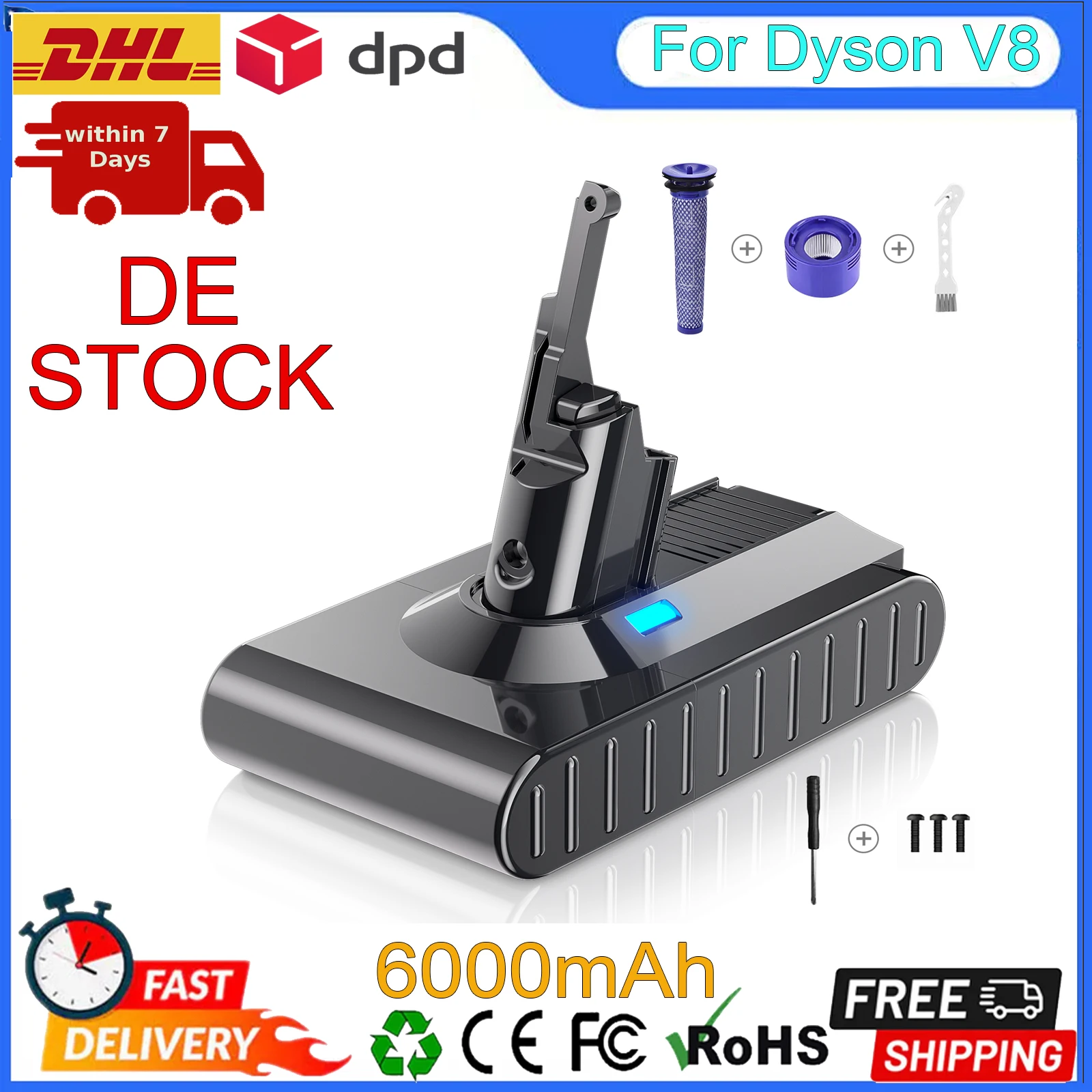 For Dyson V8 Battery 6000mAh 21700 Cell Lithium-ion Replacement Battery For Dyson V8 Absolute V8 Fluffy Vacuum Cleaning Battery