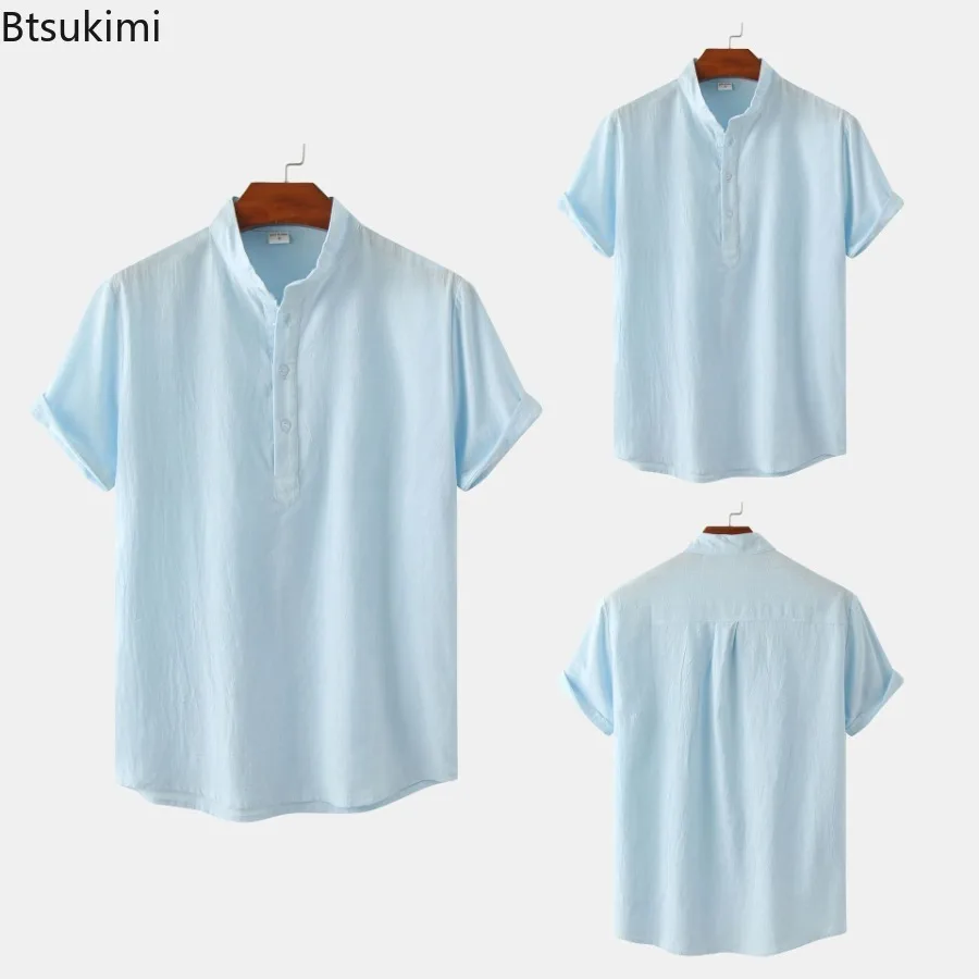 

Summer New Men's Solid Stand Collar Short-Sleeved Shirt Comfort Cotton Linen Casual Men T-shirt Breathable Tops Man Beach Blouse