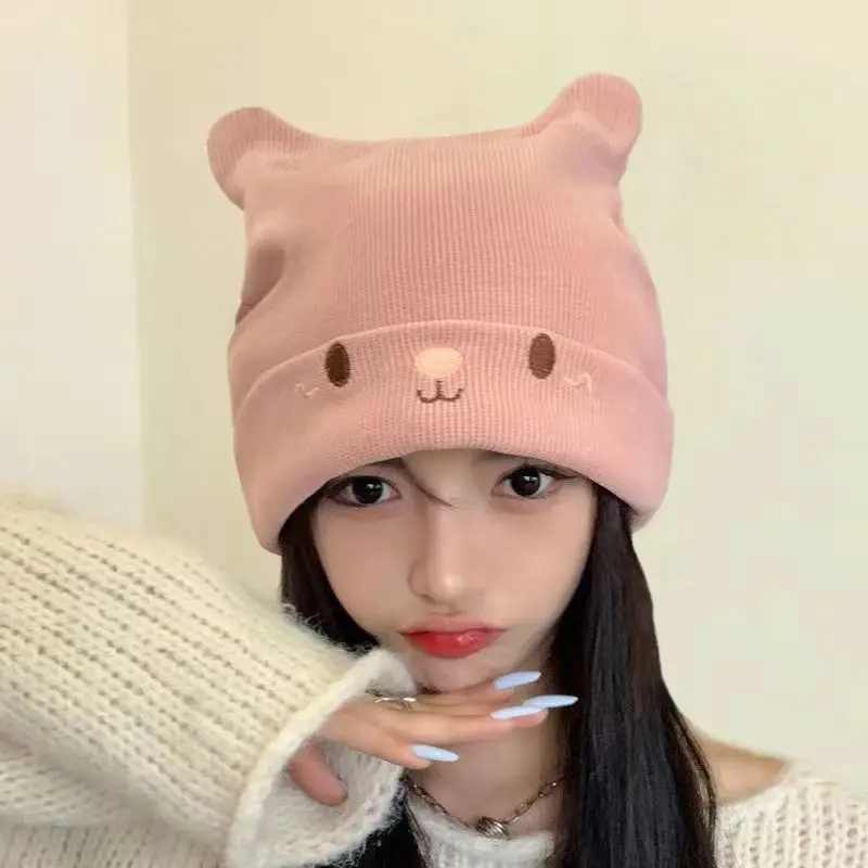 New Women Autumn Winter Cute Cap Hat Female Cartoon Bear Ears Lady Girl Kawaii Knitted Crochet Beanies Hat Cap For Women