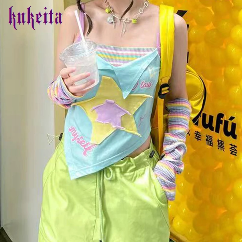 Y2k Aesthetics Camisole Japanese Harajuku Camis Top 2000s Kawaii Crop Tops Fairycore Blue Striped Vintage Tank Top E-girl Grunge