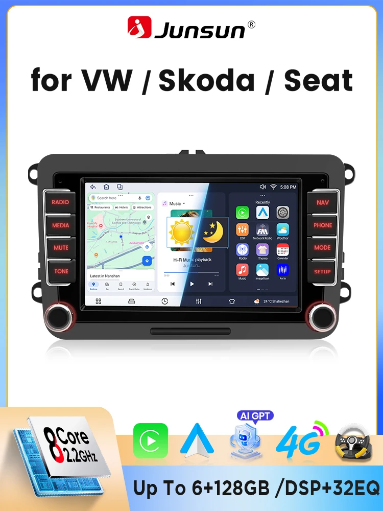 Junsun 7" Universal Android Autoradio für VW Passat B6 B7 T5 Tiguan Touran Golf Polo mit Wireless CarPlay & Android Auto, GPS-Navigation, DSP, FM-Radio, RDS, WiFi, Bluetooth, Freisprecheinrichtung,