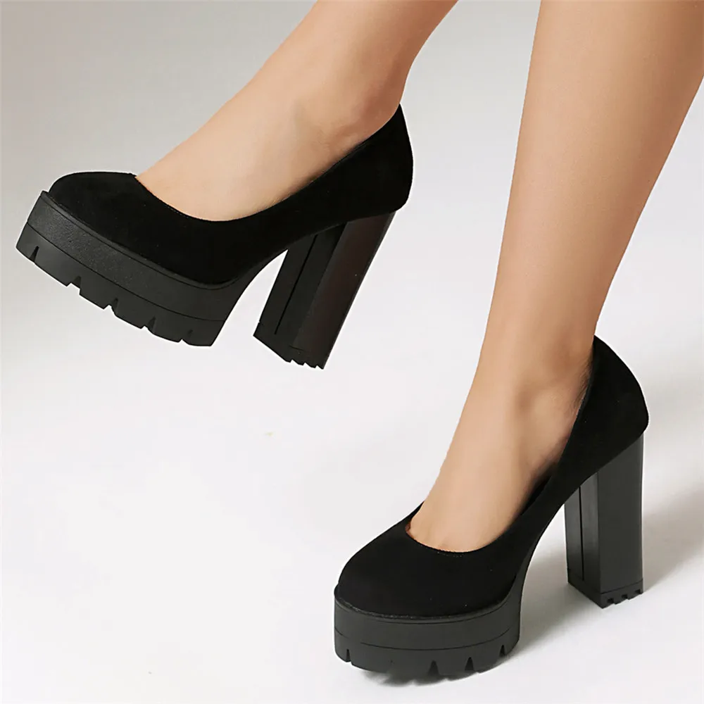 

Женские туфли-лодочки на платформе, весна-осень, черные, на массивном каблуке 11 см, без застежек, для вечеринок и танцев, на каблуке-«копытце», большие размеры 36-46