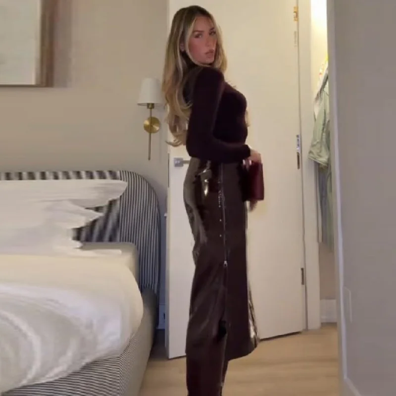 Women Trendy Patent Leather Long Skirt Retro High Waist Side Slit Dress New Lady High Quality Dresses High Street Commute Outfit