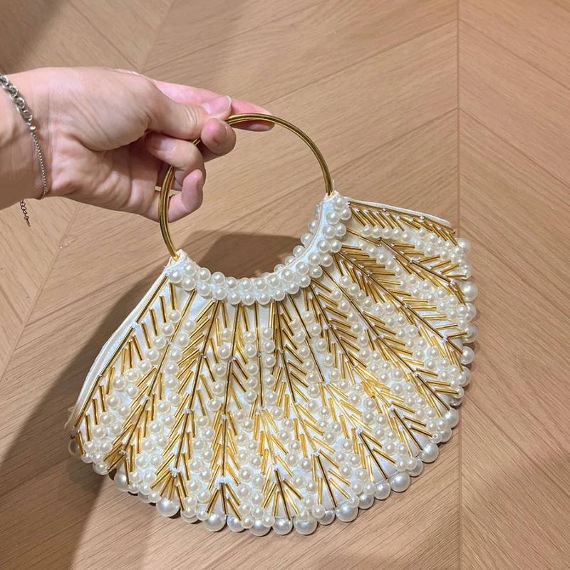 French Vintage Pearl Woven Handbag Round Metal Top Handle Design Women's Elegant Luxury Golden Evening Bag Stylish Shell Clutch