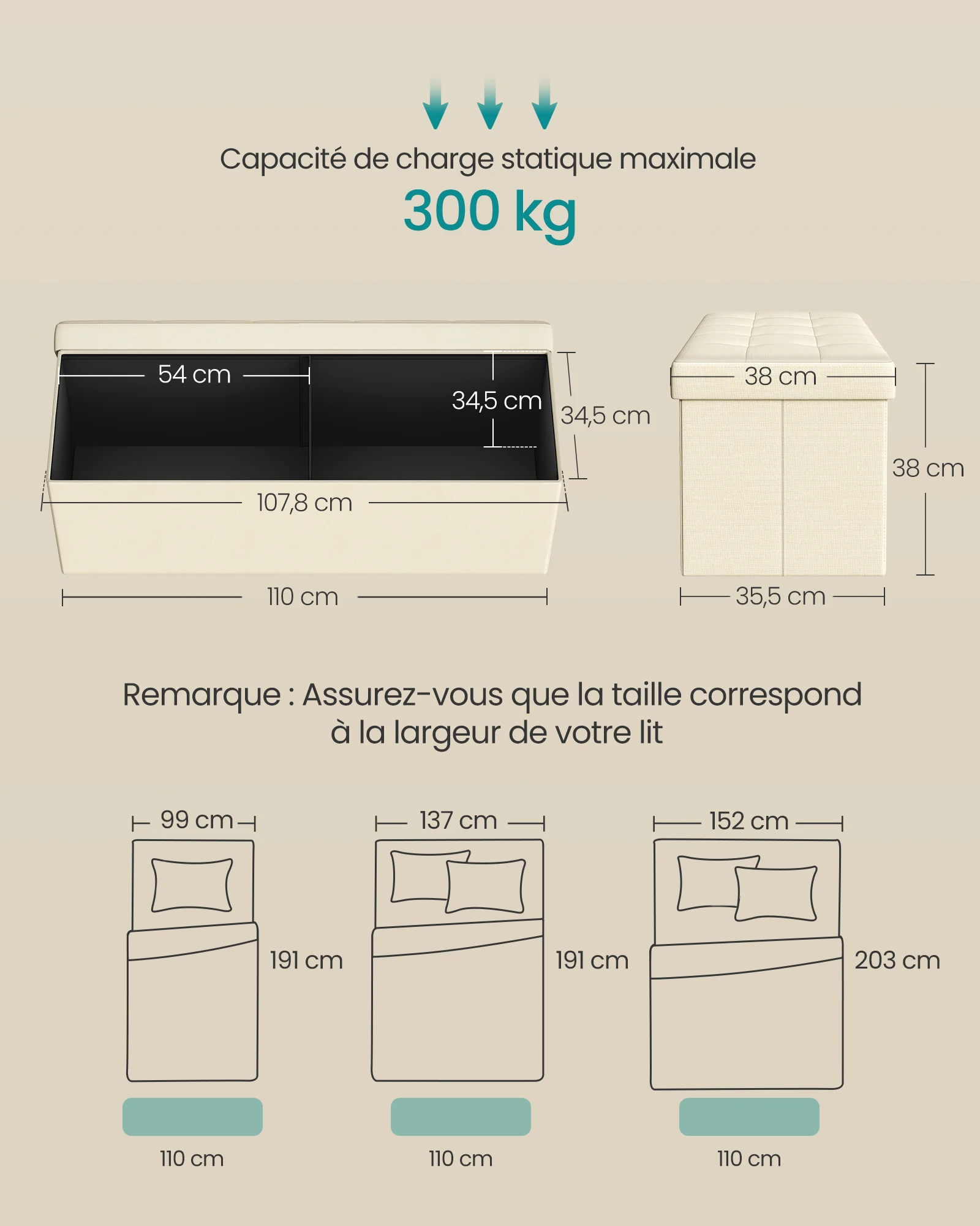 Bout De Lit,coffre De Rangement,pliable,charge 300 Kg,120 L,imitation Lin, Beige