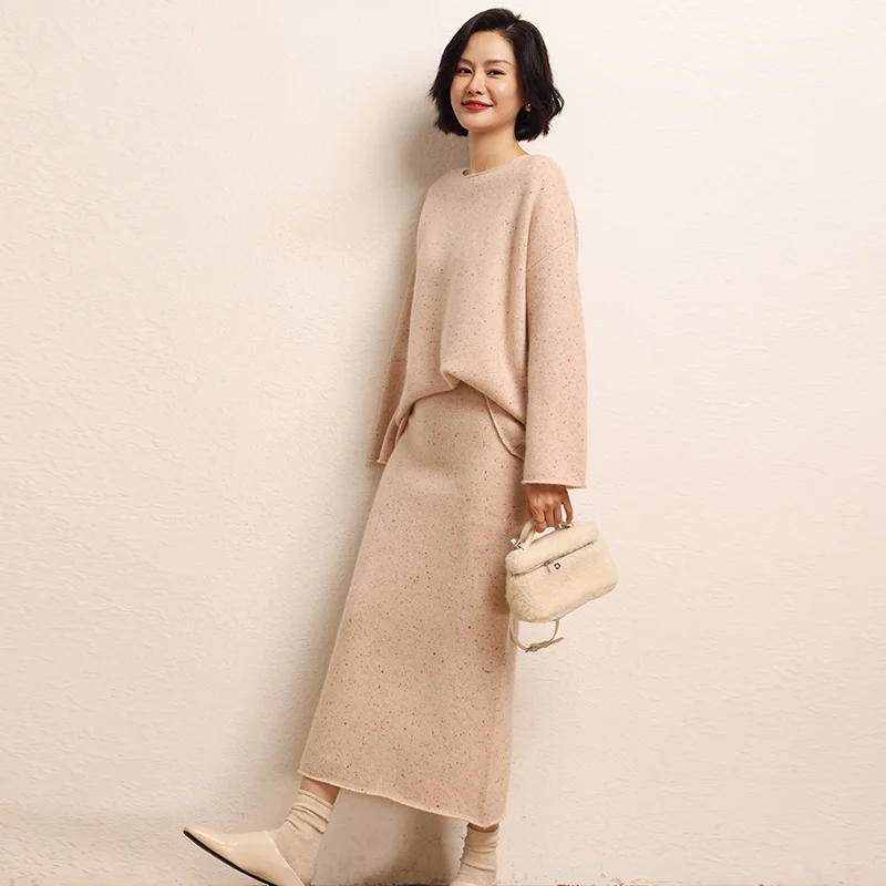 Fashion Suit Winter 100% Cashmere Knitted Sweater Quality Women Pullover And A-line Skirt Two-Piece Female Skirt Ladies Clothes