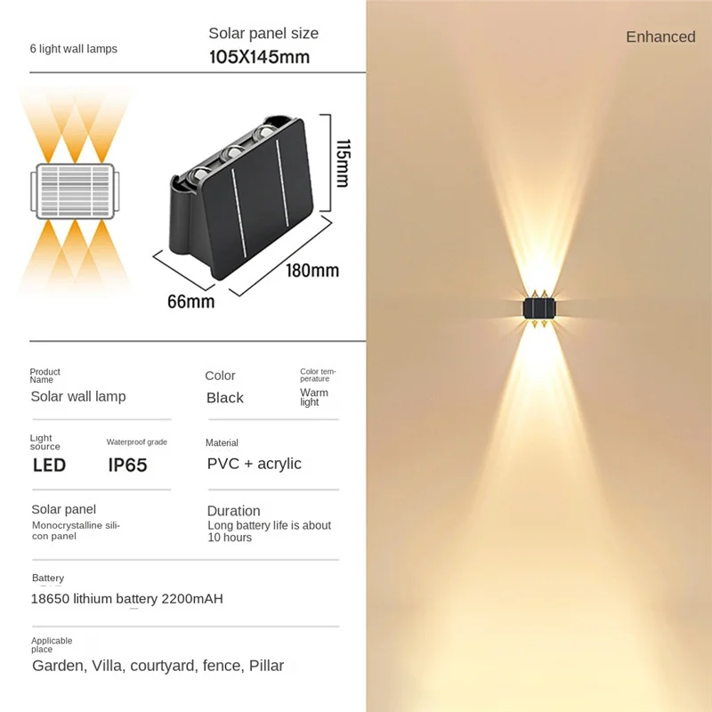 Solar Wall Light Outdoor Up-Down Lighting LED Lamp Solar Wall Washing Lights for Courtyard Garden 6 Light