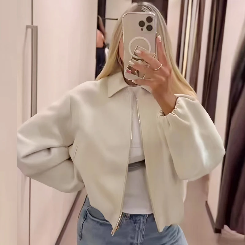 HXAO Dames Bomberjack Herfst 2025, Bladerdeeg Beige Crop Coat Oversized Jas Met Rits Plus Size Lange Mouwen Tops Losse Outerwears