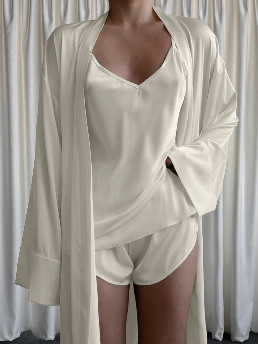 

Marthaqiqi Loose Female Sleepwear Set V-Neck Pajama Long Sleeve Nightie Tank Tops Nightwear Shorts Causal Nightgown 3 Piece Suit