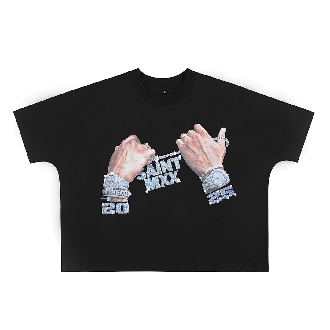 25SS European and American Men's Pure Cotton White Ink Direct Spray Diamond Unisex Patchwork Short-Sleeved T-Shirt