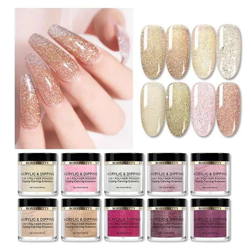 BORN PRETTY 10ml Dipping Nail Powder For Nail Carving Lengthening Glitter Natural Dry Nail Art Shining Polymer Powder DIY Design