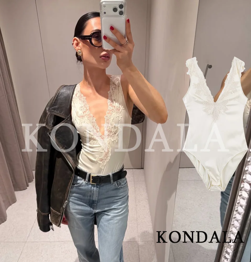 KONDALA Body Sexy Chic in Pizzo e Raso per Donna, Moda Primavera-Estate 2026, Elegante Body Aderente con Scollo a V Profondo per Feste e Vacanze