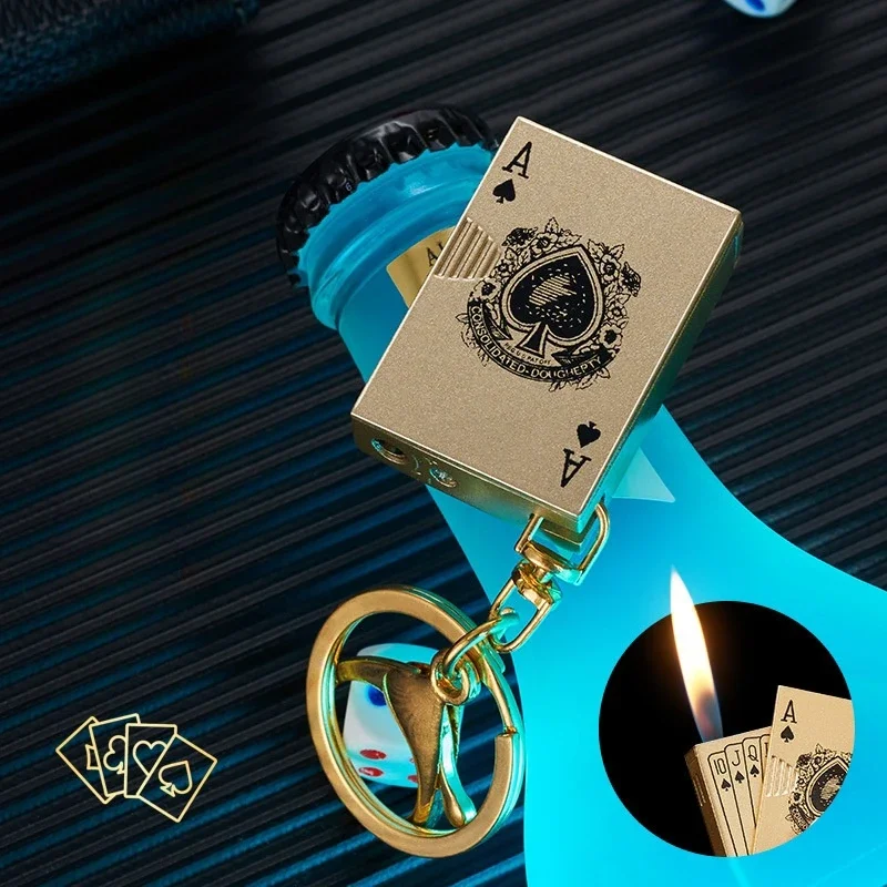 Outdoor Metal Poker Keychain Portable Lighter Mini Slide Butane Inflatable Outdoor Lighter Cigarette Accessories Men's Gift