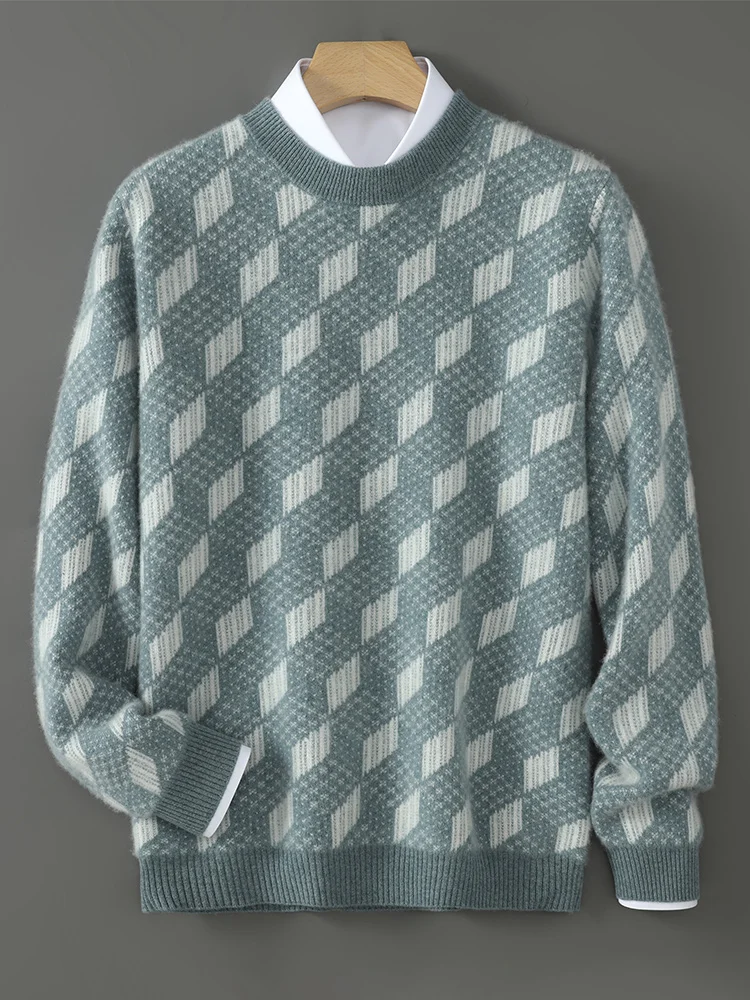 

100% Merino Wool Men's Round Neck Geometric Pattern Casual Fashion Top Autumn Winter Pullover Wool Sweater