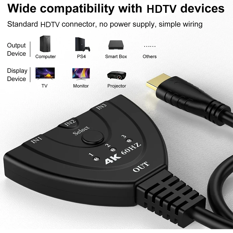 4K 60Hz 3D Mini 3 Port HD Switcher 4K@30/1080P Video Switch 3 in 1 out Port Hub Cable for DVD HDTV Xbox PS4