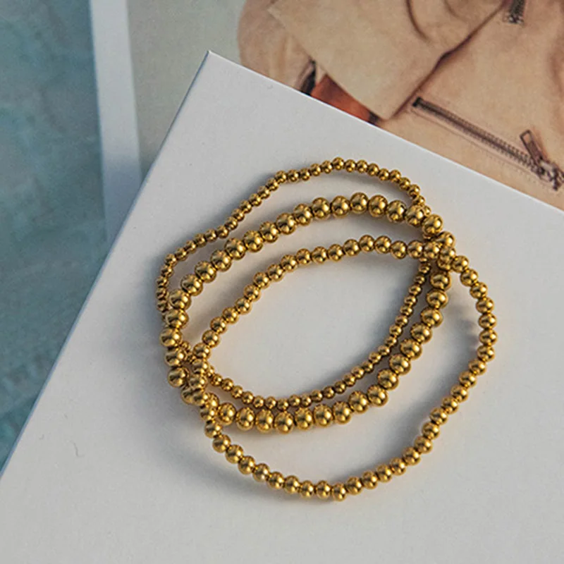 New Stainless Steel Beaded Bracelet 14k Gold Plated Round Beads Stretchable Elastic Bracelet for Women Handmade Jewelry Gift