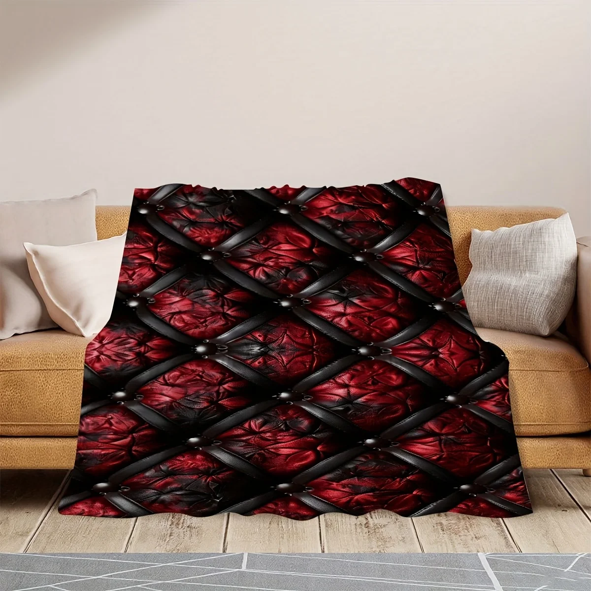 Red And Black Diamond Grid Leather Texture Fleece Blanket, Non-Shedding, Suitable for All Seasons. Whether Laid on The Bedroom,