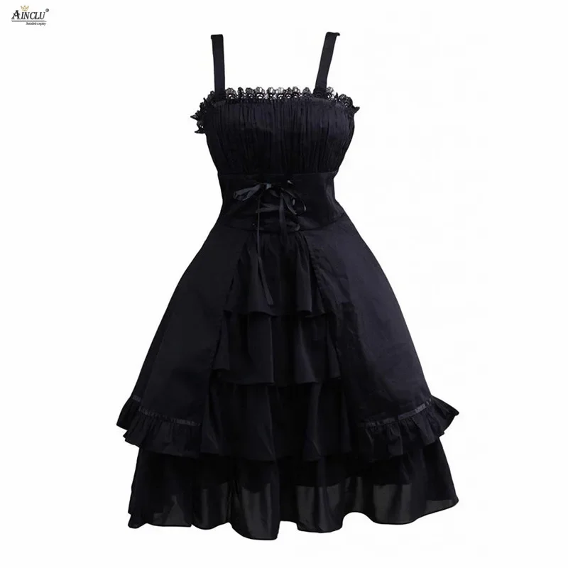 

Summer Lolita Dress Womens Gothic Style Cotton Black Sleeveless Ruffles Bow&Lace Ainclu Cute gGirls Lolita Dress XS-XXL