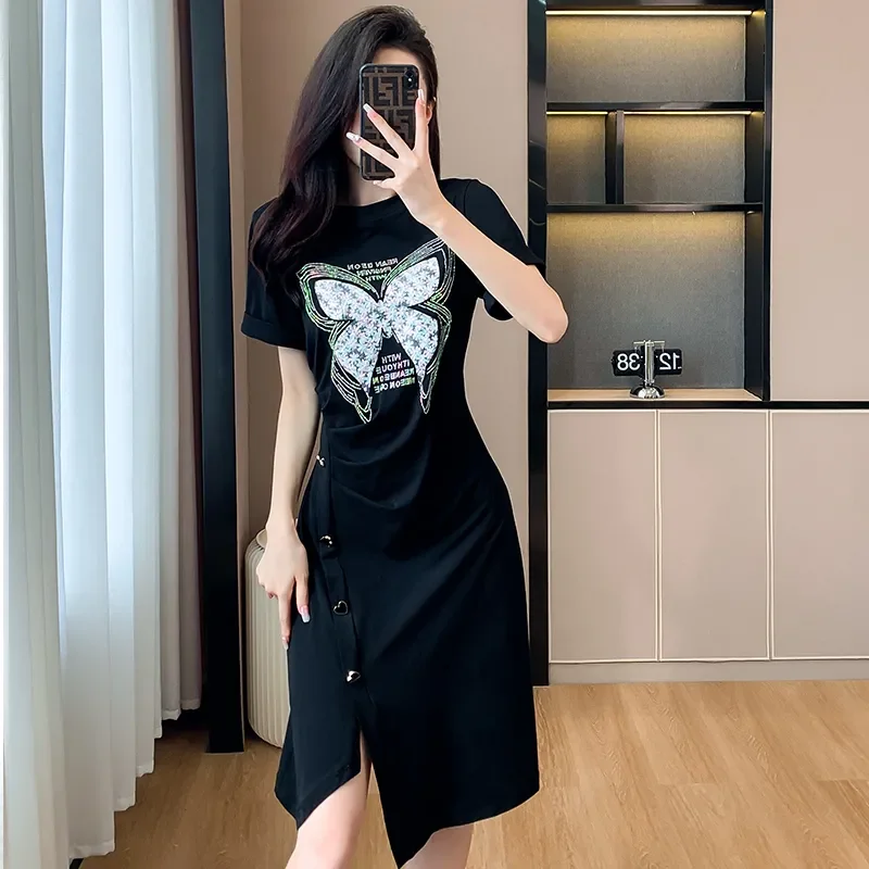 

French Casual T Shirts Dress Women Summer Fashion Butterfly O-Neck Short Sleeve Split Dresses 2024 New lady Clothing Female