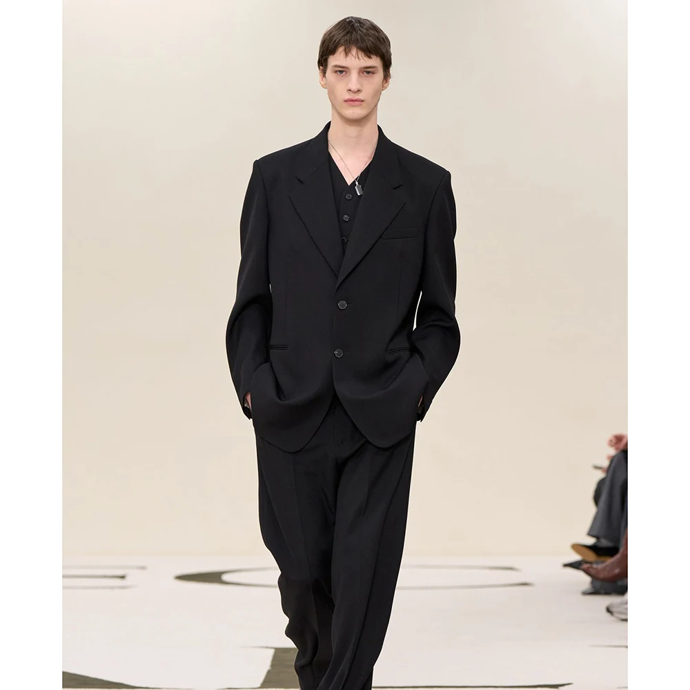 Simple Black Single-Breasted Men Suit 2 Piece Set Loose Notch Lapel Office Casual Party Male Clothing(Jacket+Pants)