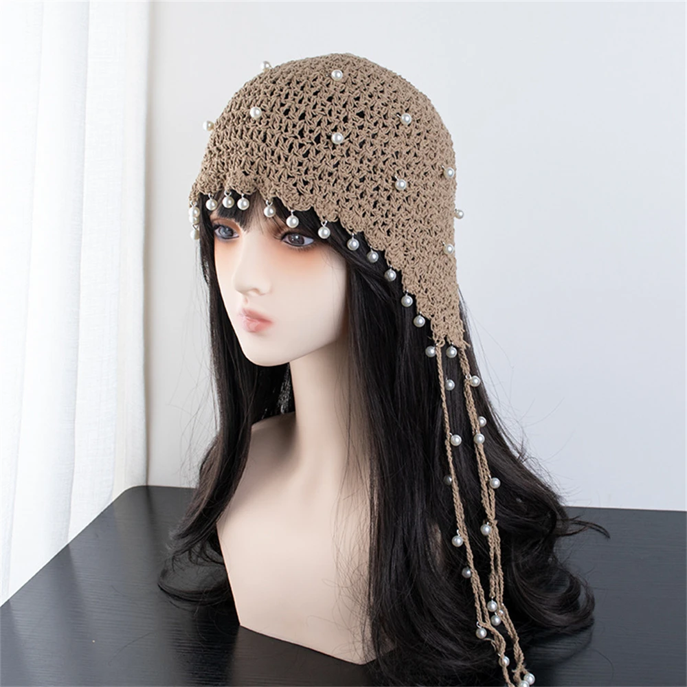 Handmade Hollow Out Pearl Pendant Strap Crocheted Hat Female Ethnic Style Ear Protection Fashion Vintage Knitted Princess Cap