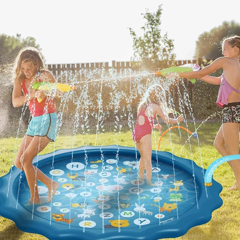 Kids Inflatable Sprinkler Water Play Mat Outdoor Lawn Beach Spray Games Pad with Letters Design Summer Fun Cushion 100/170cm