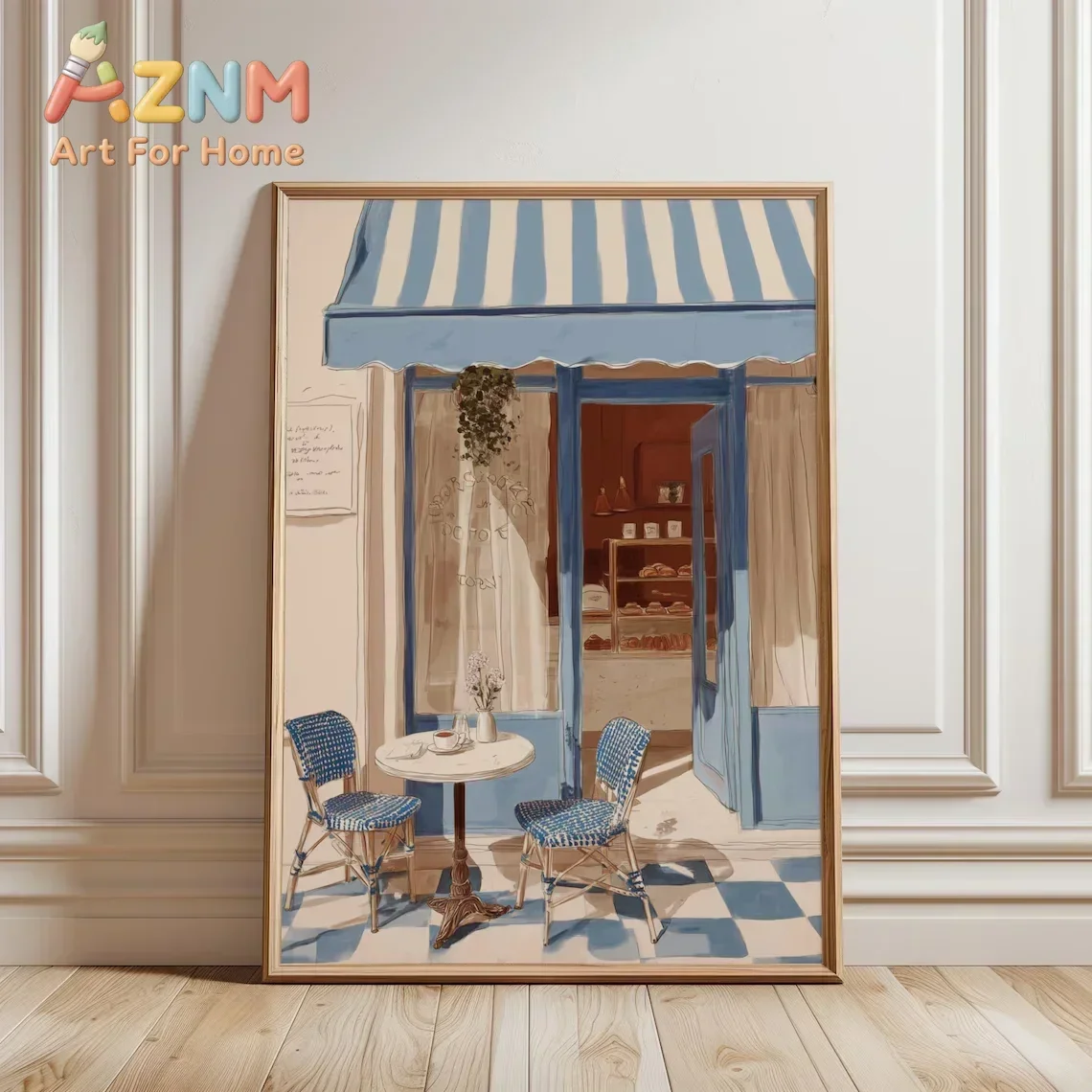 AZNM French Paris Cafe Canvas Wall Art Blue Striped Awning Watercolor Street View Frameless Print Poster for Kitchen Living Room