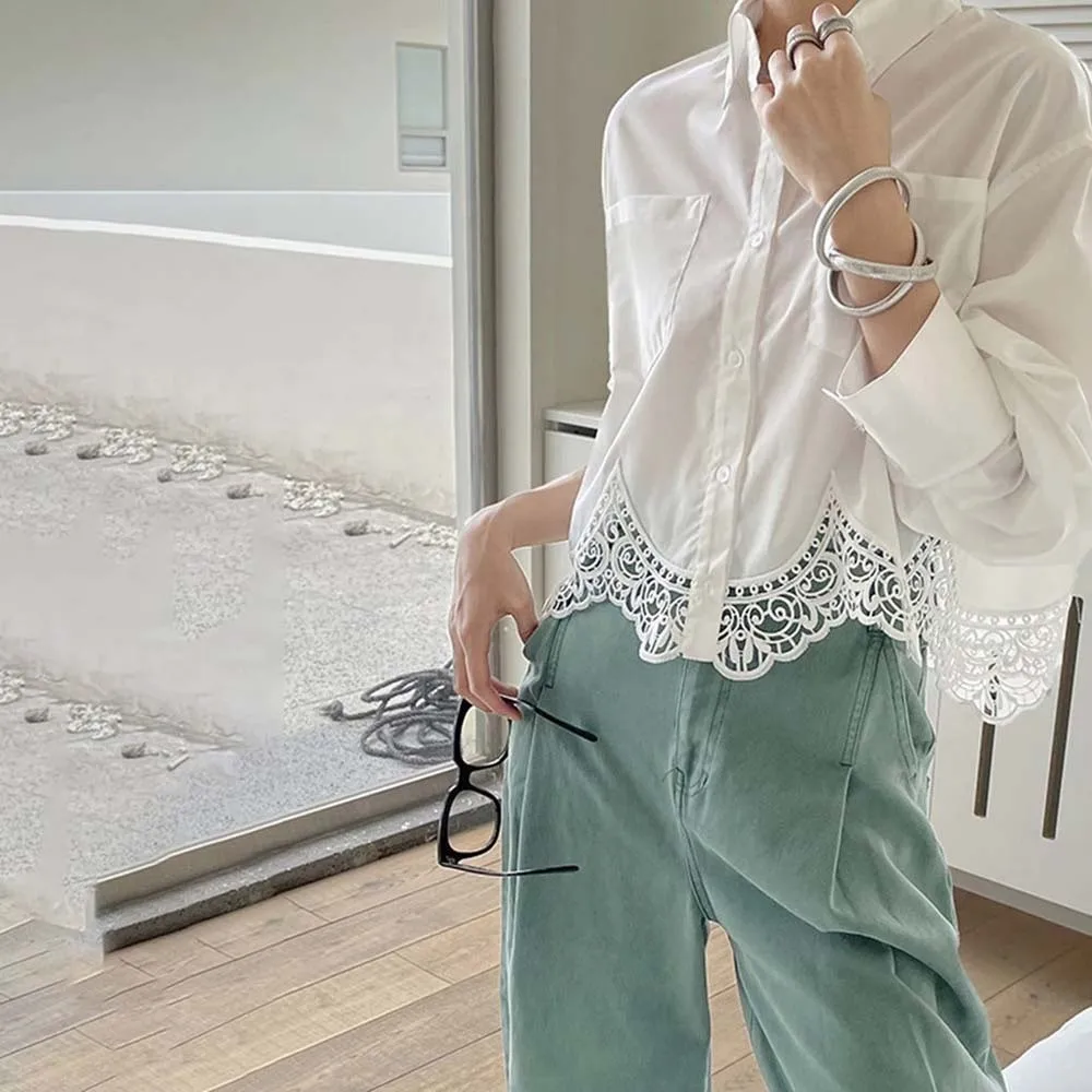 Irregular Lace Women's Plain Lace Shirt Long Clothing Sleeves Streetwear Korean Style Blouse Simple White Lace Shirts Tops