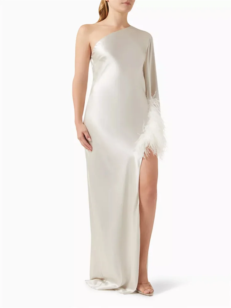 

Customized One-Shoulder Neckline Long Sleeve Straight Evening Dress Sexy Side Zipper Floor Length Feather-Trim Gown For Women