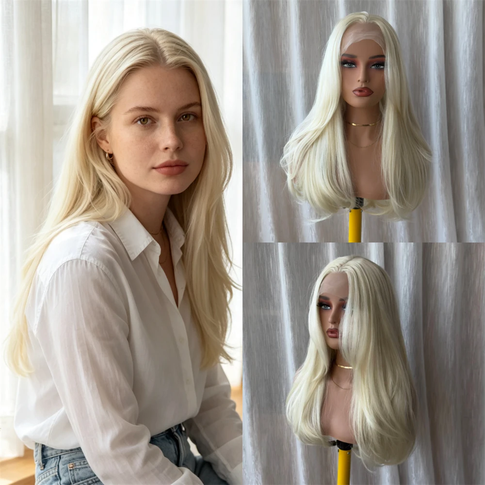 13x4 Free Part Golden Blonde HD Lace Frontal Wig High Quality  Heat Resistant Synthetic Hair Wig Blended Human Hair Party 20''