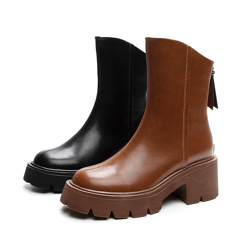 AIYUQI – bottines en cuir véritable pour femme, bottes courtes de Style britannique, rétro, fermeture éclair au dos, talons hauts, Style Cowboy